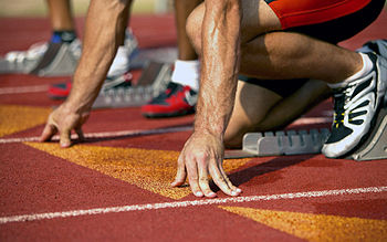 English: Anxious Athlete Waiting at Starting Line