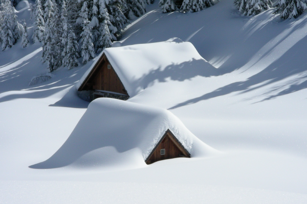 two cabins covered to the roof in snow