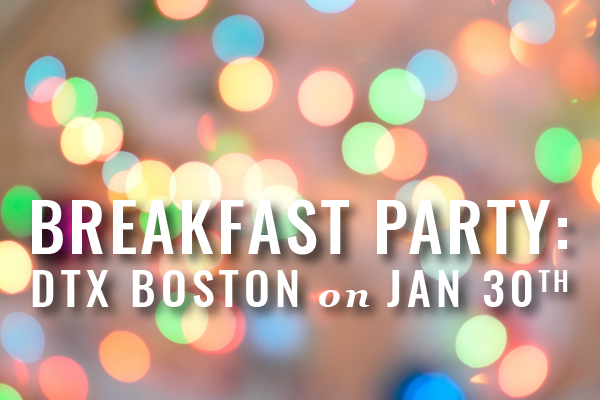 blurred multi-colored lights with text layer that says Breakfast Party: DTX Boston on Jan 30th