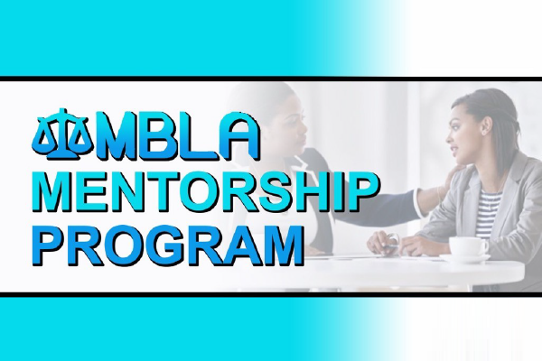 the words MBLA Mentorship Program over an image of two people looking at each other while talking