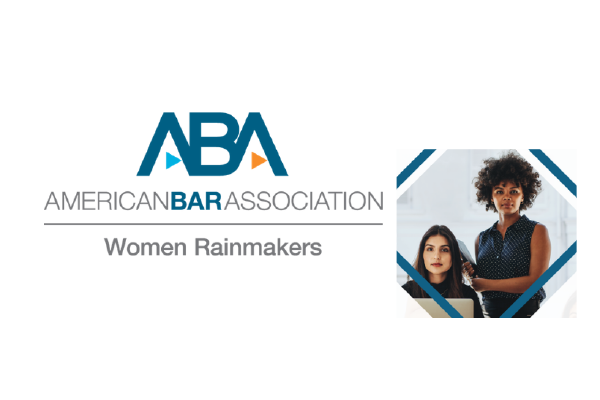 The text logo for American Bar Association Women Rainmakers with a photo of two women, one seated at a laptop, one standing holding a laptop