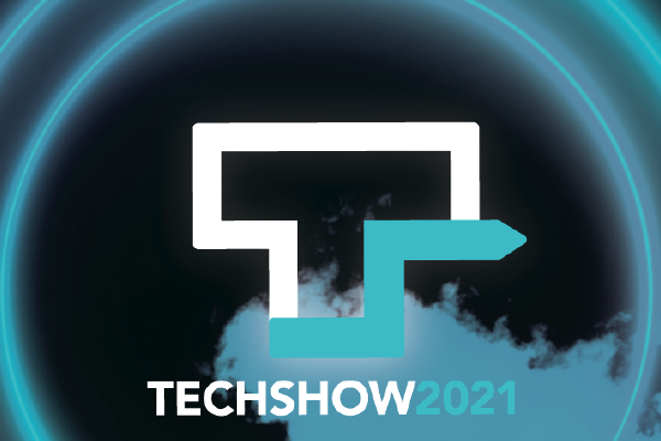 an image of the ABA TECHSHOW logo comprised of a white outline of the letter T on a black background with an electric blue arrow extending from it and TECHSHOW 2021 written below with electric blue smoke gathering at the bottom with a glowing electric blue double ring surrounding everything