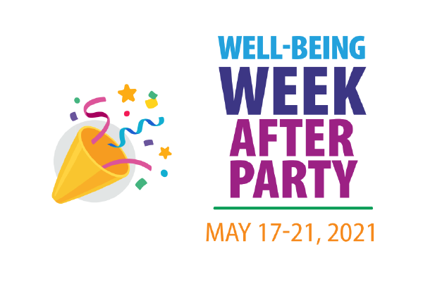 an image of a gold horn with streamers and confetti exploding out of it next to text that says "Well-Being Week in Law After Party May 17-21, 2021"