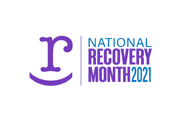 an image of the logo for National Recovery Month 2021, comprised of those words written in teal and purple, to the right of a lowercase letter "r", with a smile shaped line below it