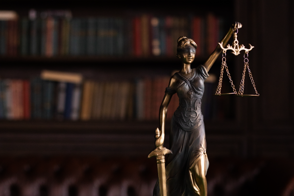 an image of a lady justice statuette with bookshelves in the background