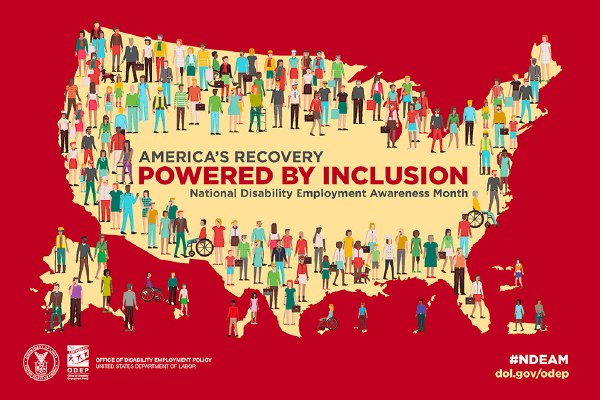an image of the shape of the US with small shapes of people along the border and the text "America's recovery: Powered by inclusion"