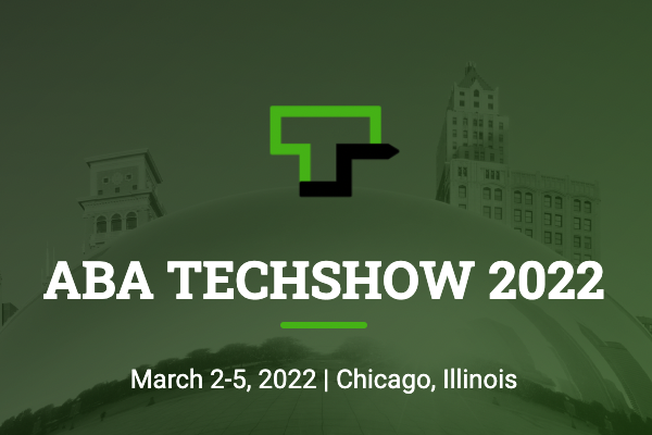 an image of the ABA TECHSHOW logo with a background of a greened-out Chicago skyline behind the bean